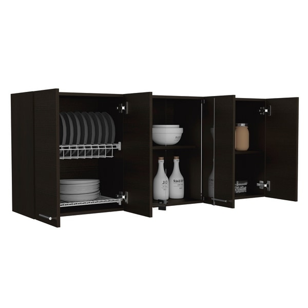 TUHOME Superior 150 Wall Cabinet with Glass Doors, 2 Double Cabinets, 4 Inner Shelves, Dish Rack and Cup Rack - N/A Promo